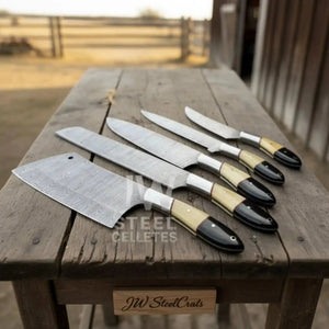 5-Piece Damascus Chef Knife Set – Camel Bone and Black Micarta Handles