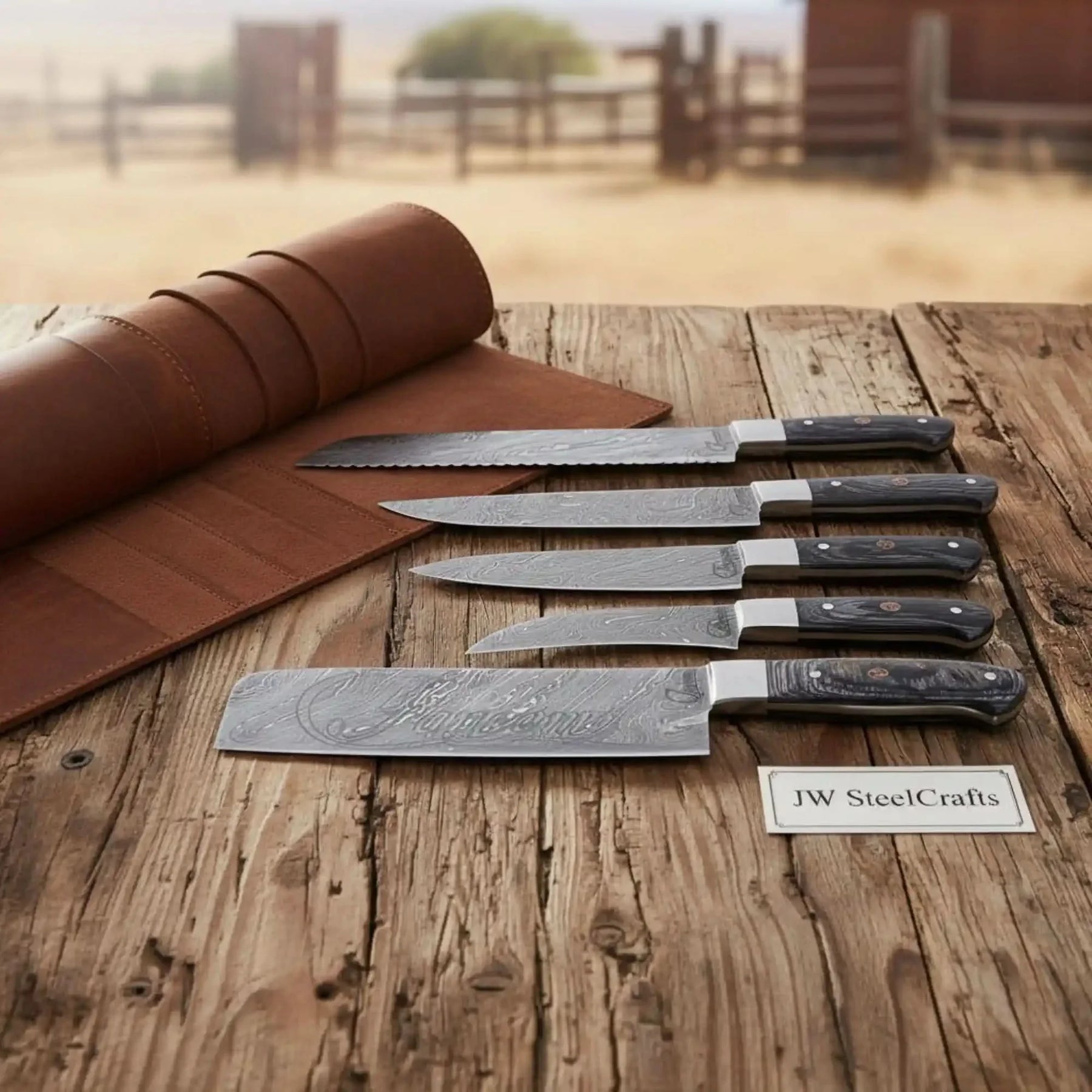 Handmade damascus steel knife with resin handle on dark surface