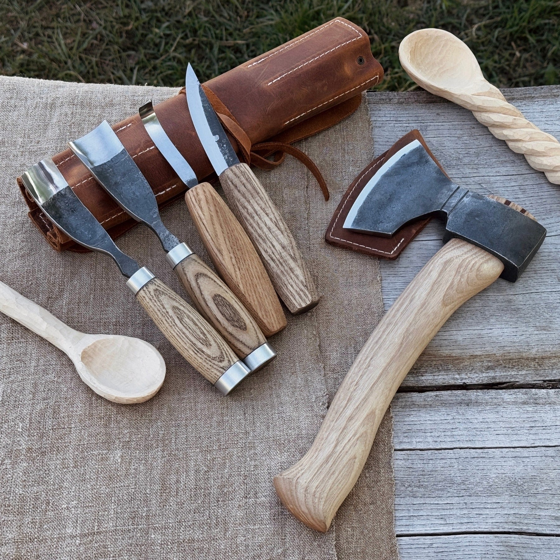 5-Piece Hand-Forged Carving Tool Set with Leather Tool Roll