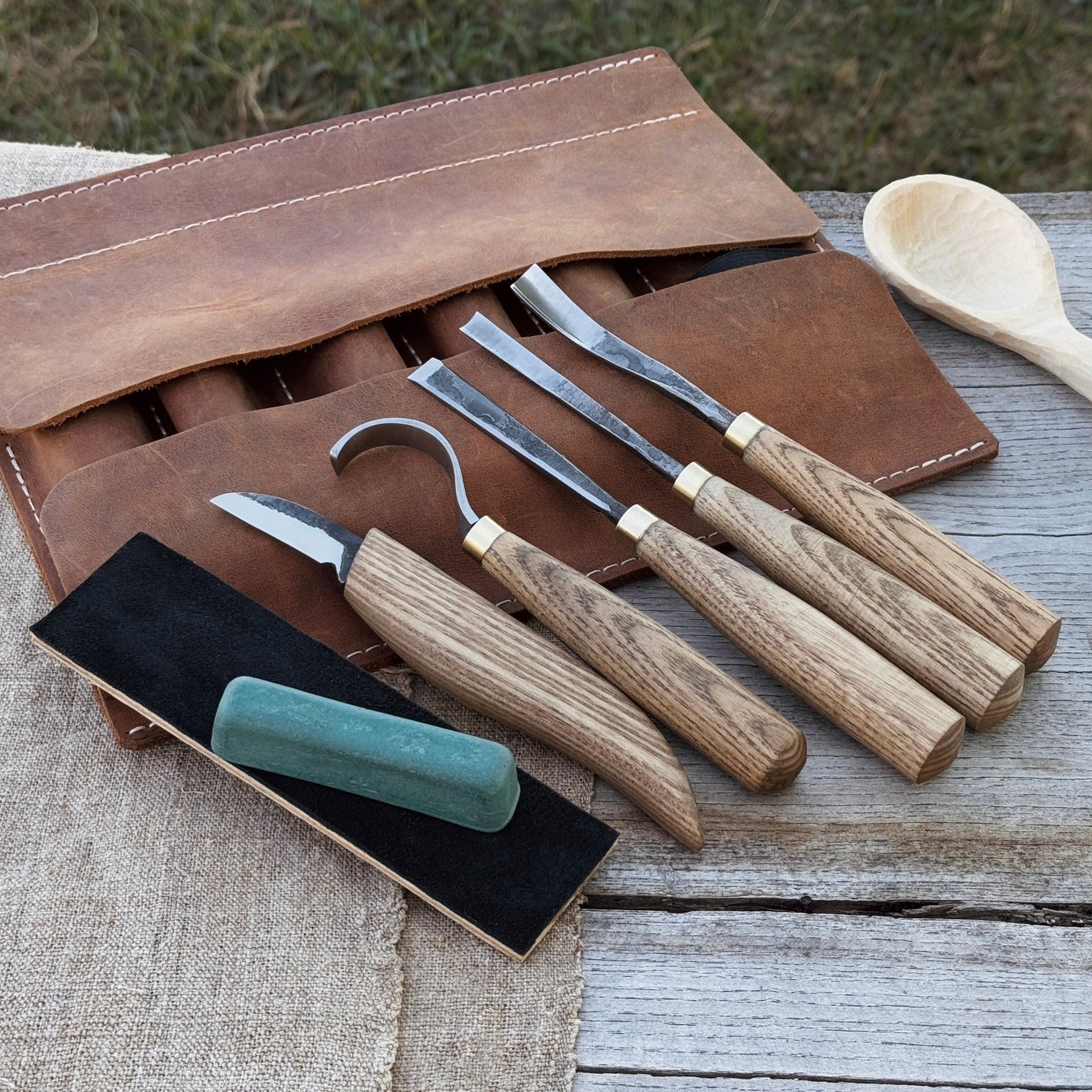 5-Piece Spoon Carving Tool Set with Leather Strop and Case