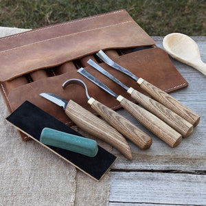 5-Piece Spoon Carving Tool Set with Leather Strop and Case
