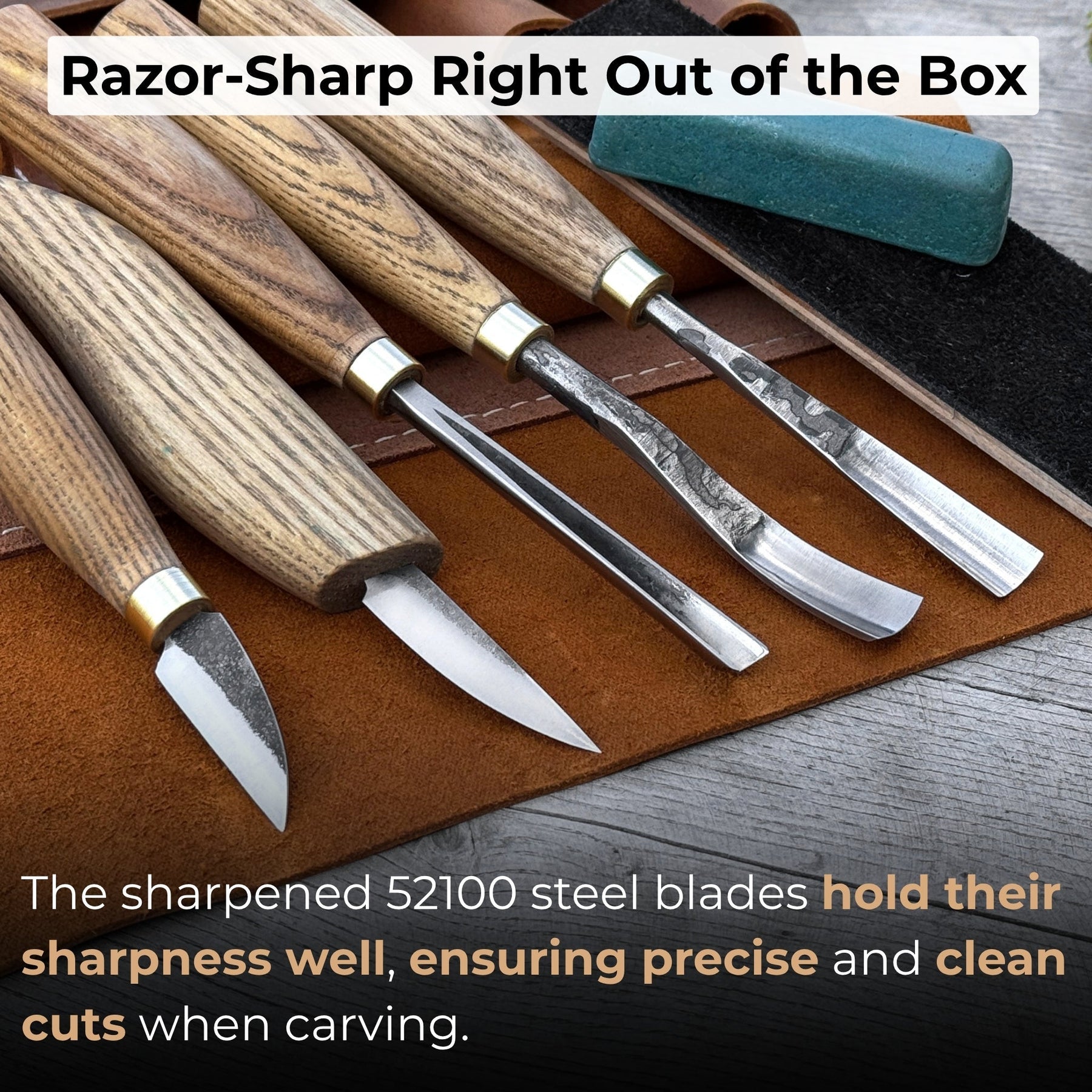 5-Piece Wood Carving Tool Set with Sharpening Board & Leather Case