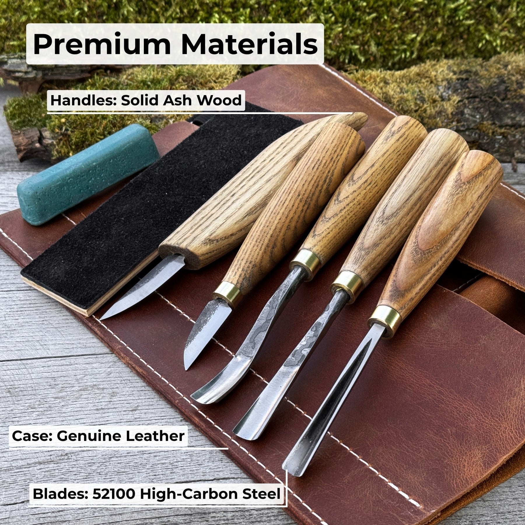 5-Piece Wood Carving Tool Set with Sharpening Board & Leather Case