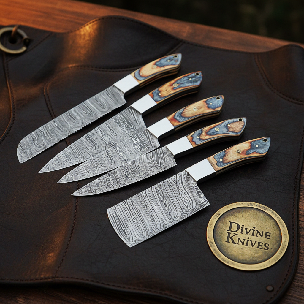 Blue Burl Wood Kitchen Knife Set of 5 with Cleaver, Santoku and Bread Blades by Divine Knives