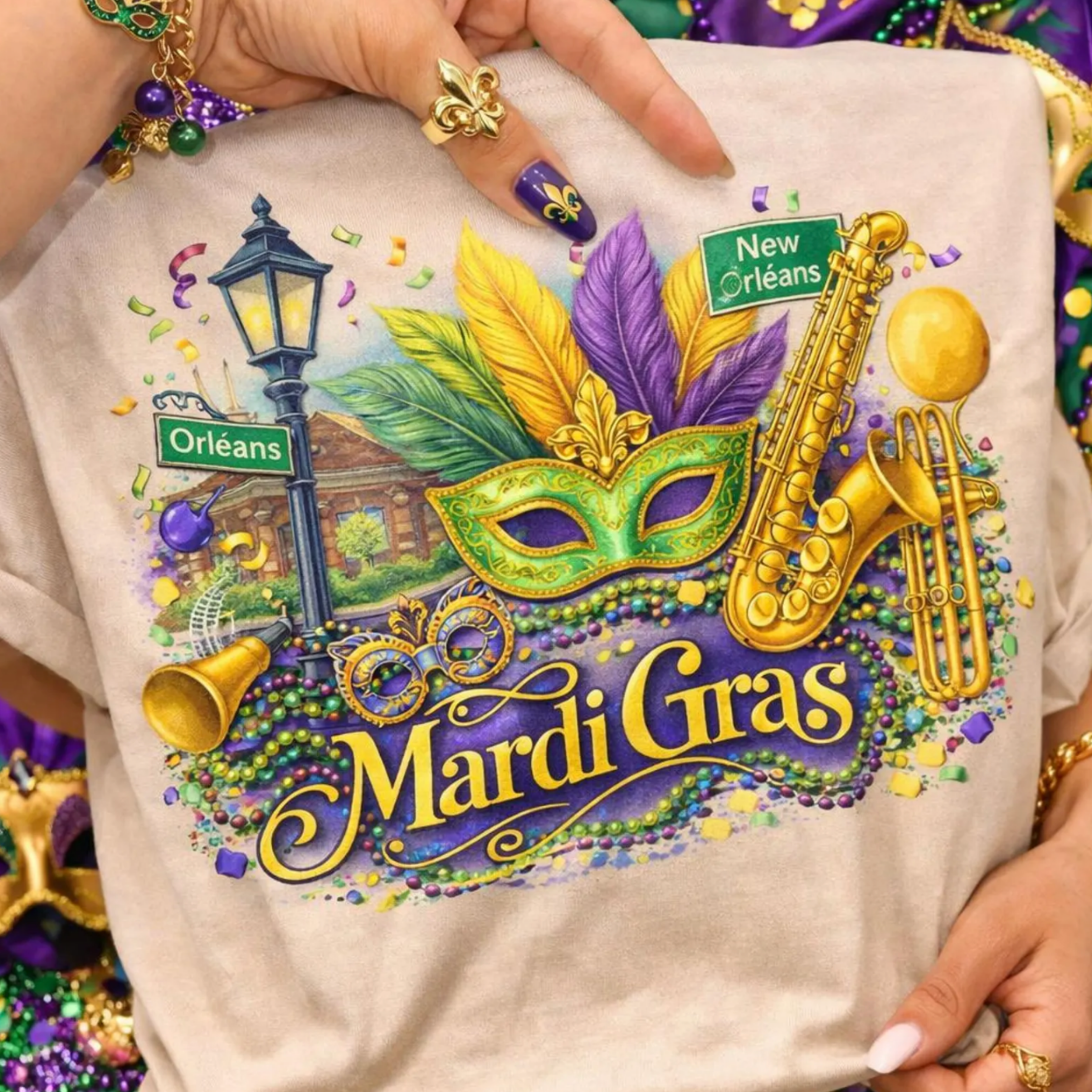 Vibrant Mardi Gras shirt or crewneck by Southern Jewel Tees