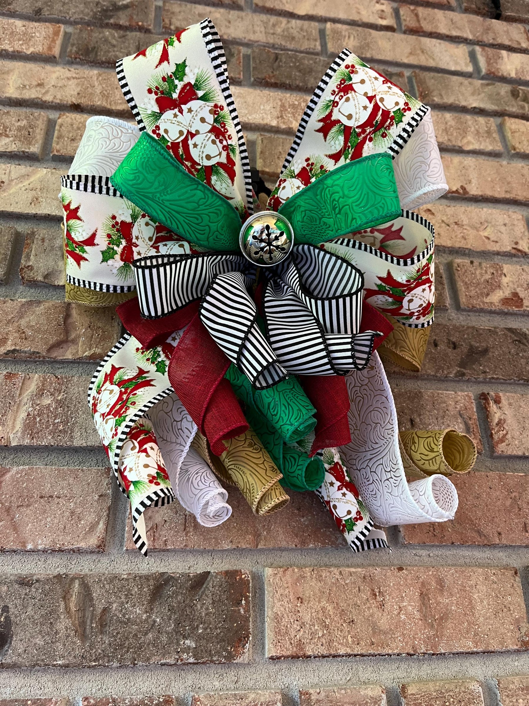 Christmas Holly Bow | Silver Bell Wreath Decor by Bouge Creations, view 4