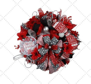 Red Poinsettia Christmas Wreath | Gold Plaid Door Decor by Bouge Creations, view 3