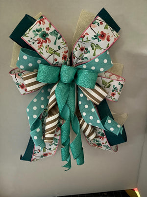 Teal Garden Bloom Bow | Floral Bird Wreath Accent by Bouge Creations, view 2