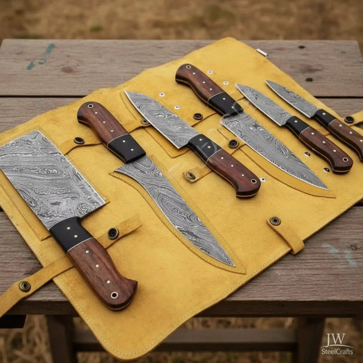 6-Piece Damascus Kitchen Set with Cleaver, Chef, Skinner and Utility Blades, Rosewood and Black Resin Handles by JW