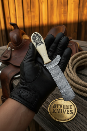 Scrimshaw Camel Bone Bull Cutter with Hand Engraved Bone Handle