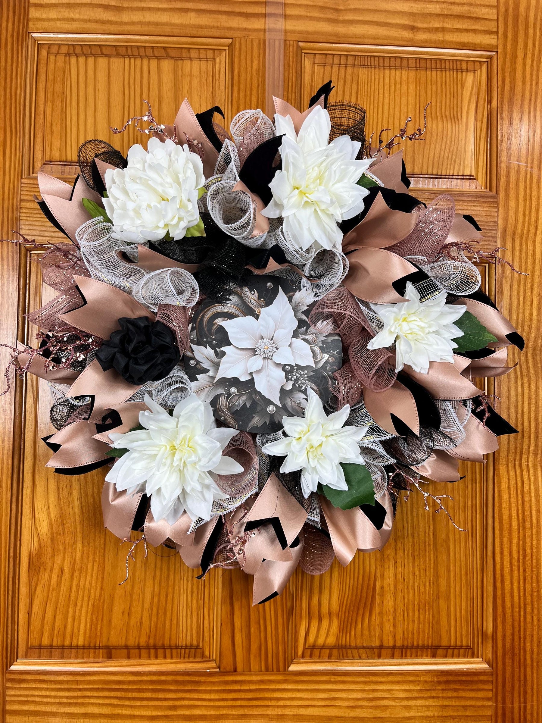 Black & Champagne Dahlia Wreath | Glam Front Door Decor by Bouge Creations, view 10