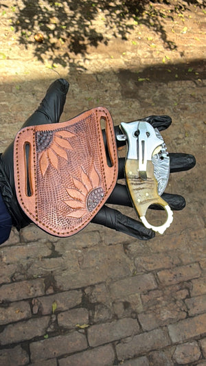 Wolf Claw Damascus Folding Karambit with Engraved Wolf Bolster&nbsp;