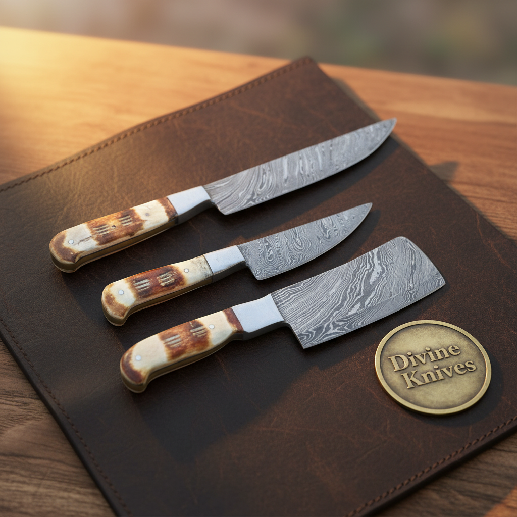 Emberstag Staghorn Damascus Butcher Chef Knife Set by Divine Knives — detail view 2