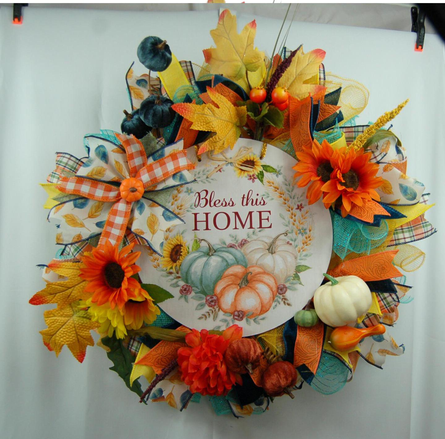 Bless This Home Fall Wreath | Sunflowers & Pumpkins by Bouge Creations, view 2