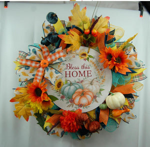 Bless This Home Fall Wreath | Sunflowers & Pumpkins by Bouge Creations, view 2