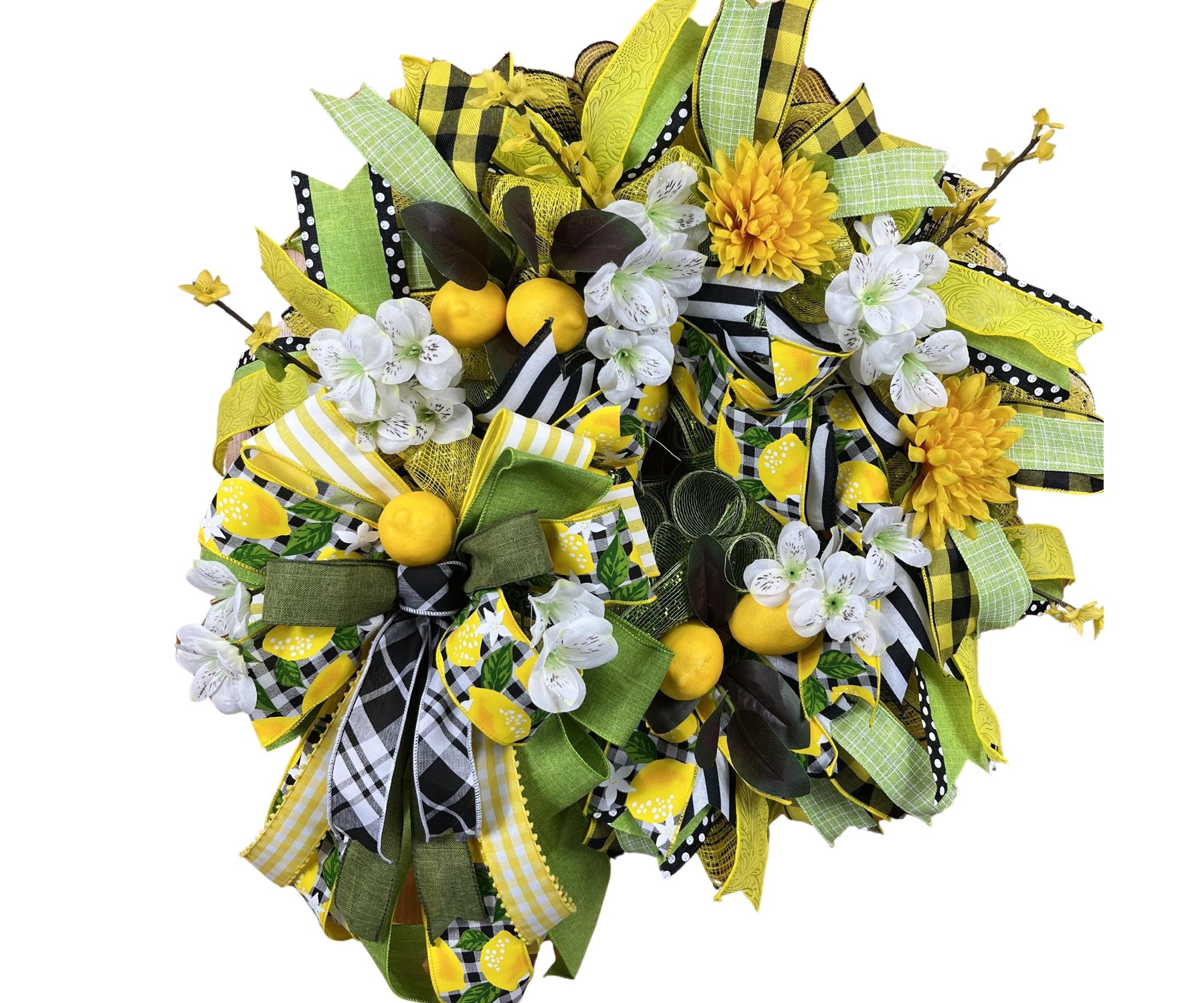 Lemon Summer Wreath | Yellow Floral Gingham Door Decor by Bouge Creations, view 3