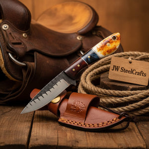 Trailblazer Amber Skinner Knife with dark wood amber resin butt cap handle