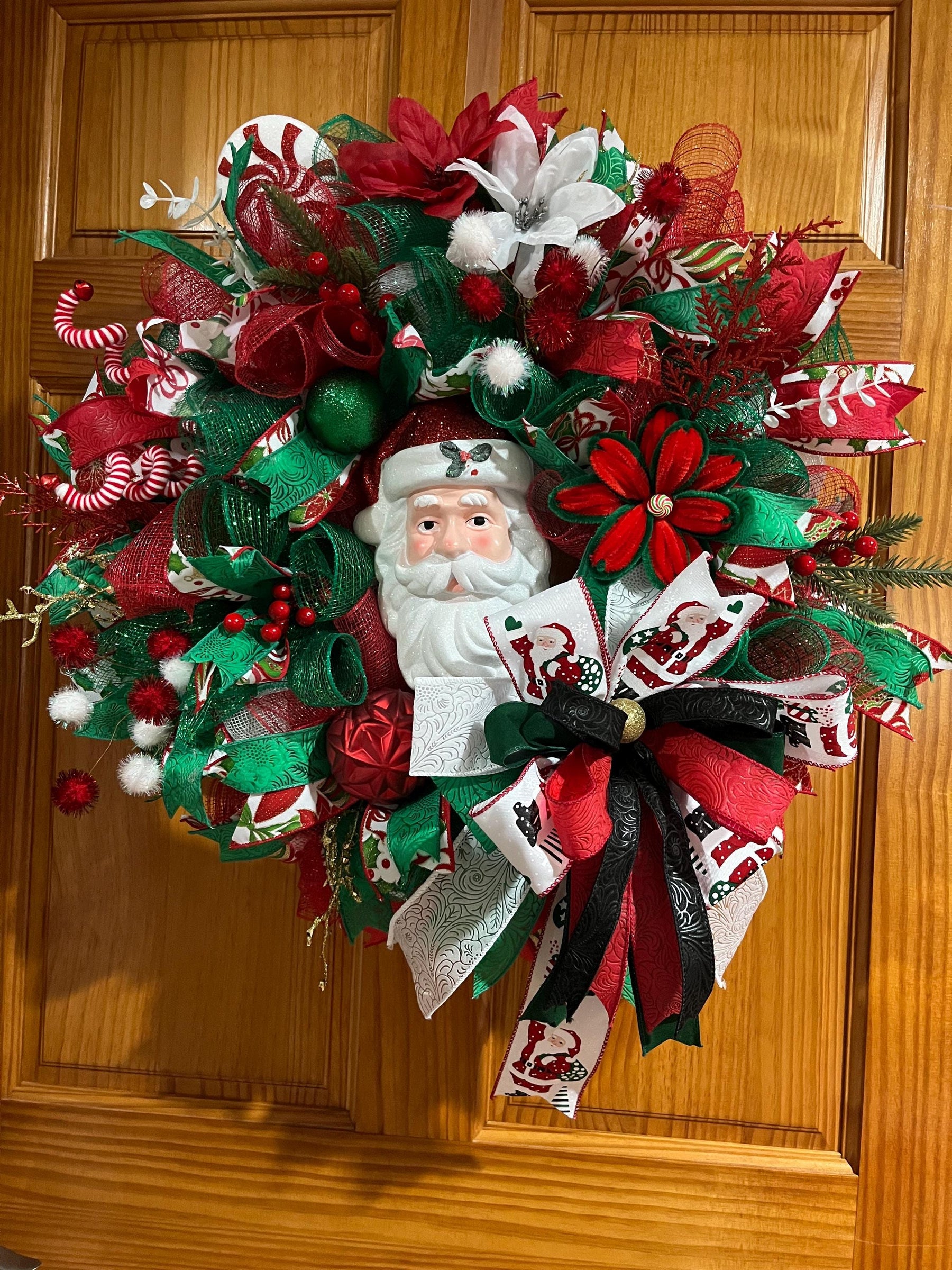 Santa Christmas Wreath | Red & Green Holiday Door Decor by Bouge Creations, view 2