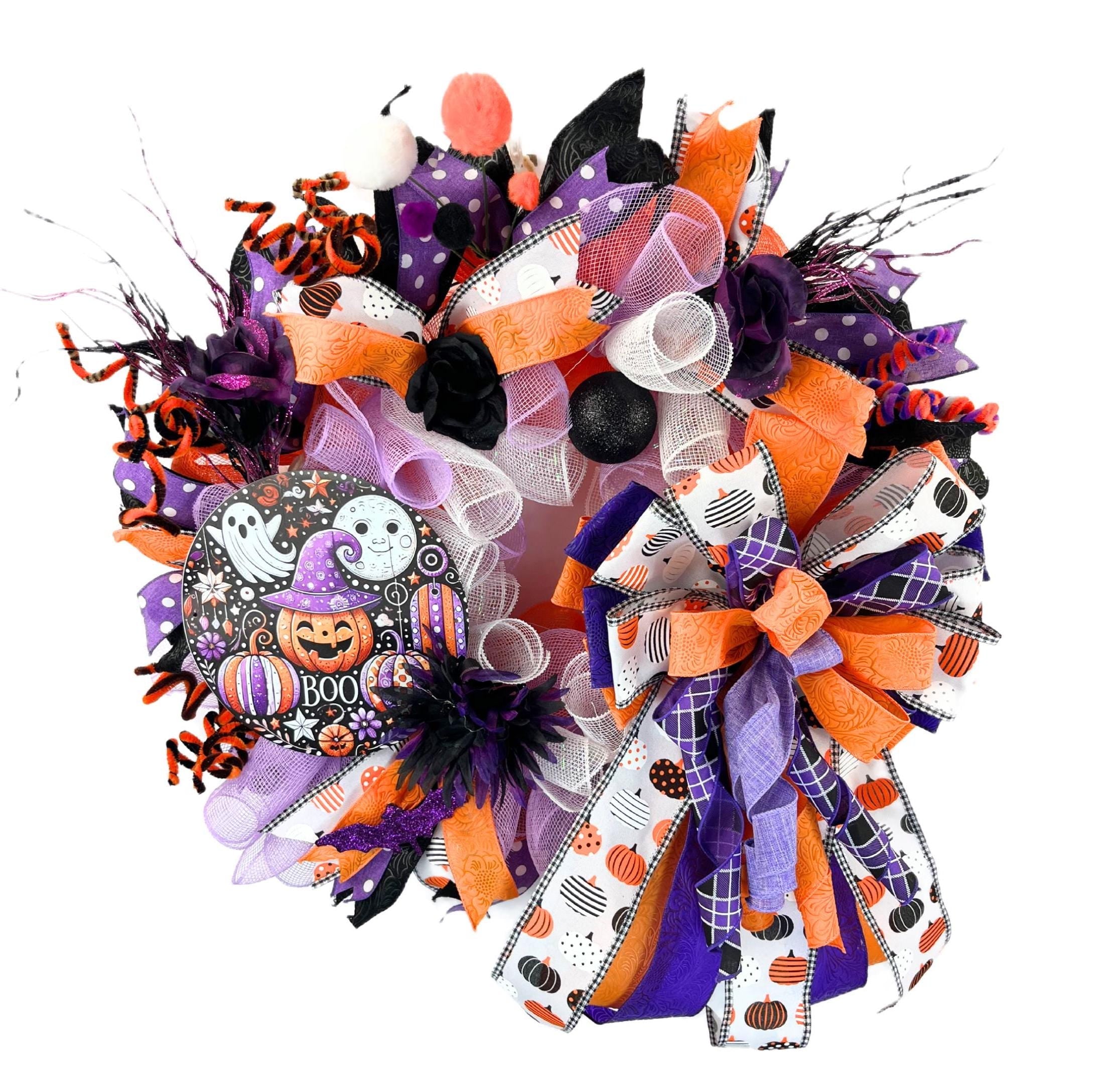 Halloween Front Door Wreath | Ghosts, Pumpkins & Bows handmade by Bouge Creations