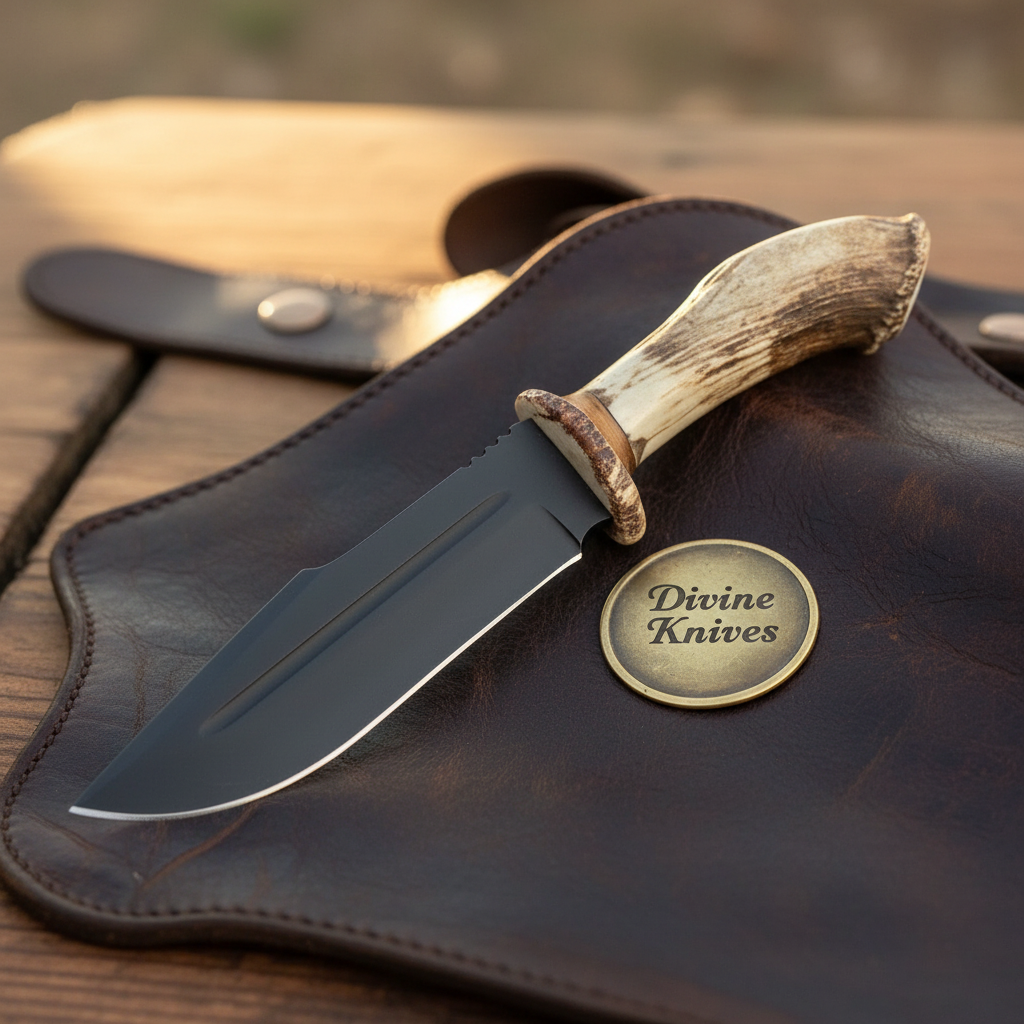 Black Coated Stag Handle Bowie Knife by Divine Knives