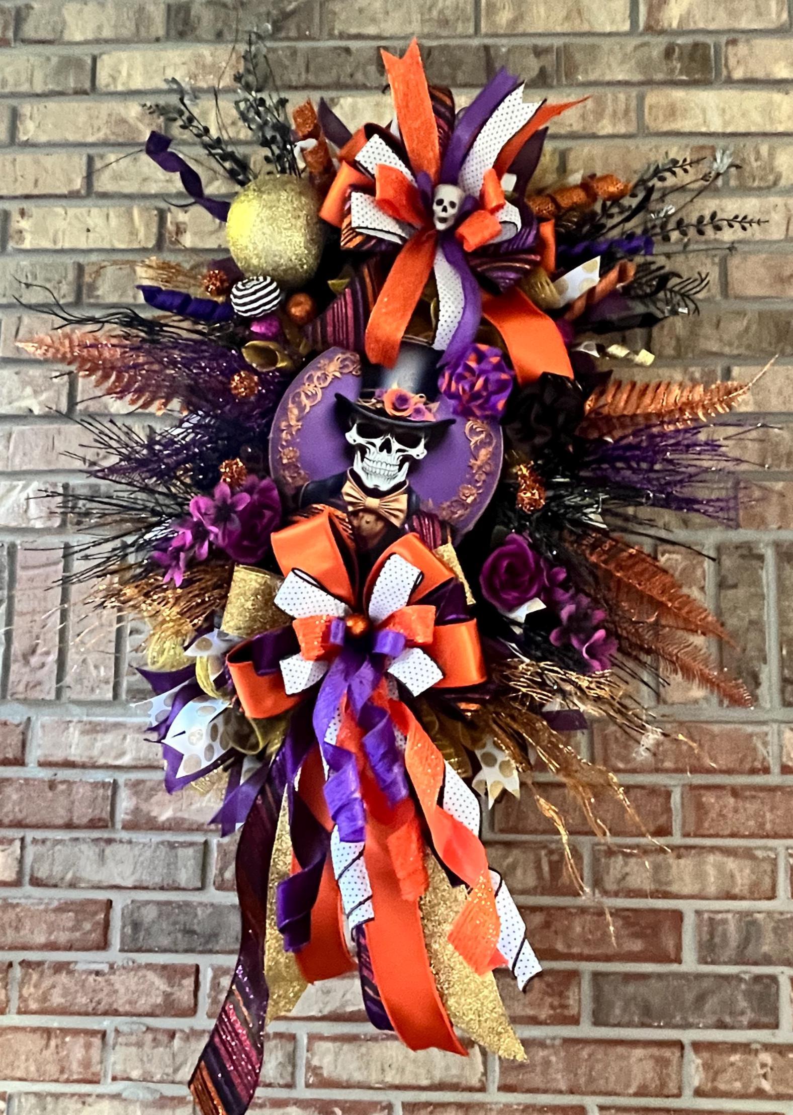 Mr. Skelly Halloween Wreath | Orange, Black & Purple by Bouge Creations, view 7