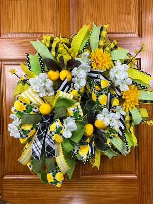 Lemon Summer Wreath | Yellow Floral Gingham Door Decor by Bouge Creations, view 9