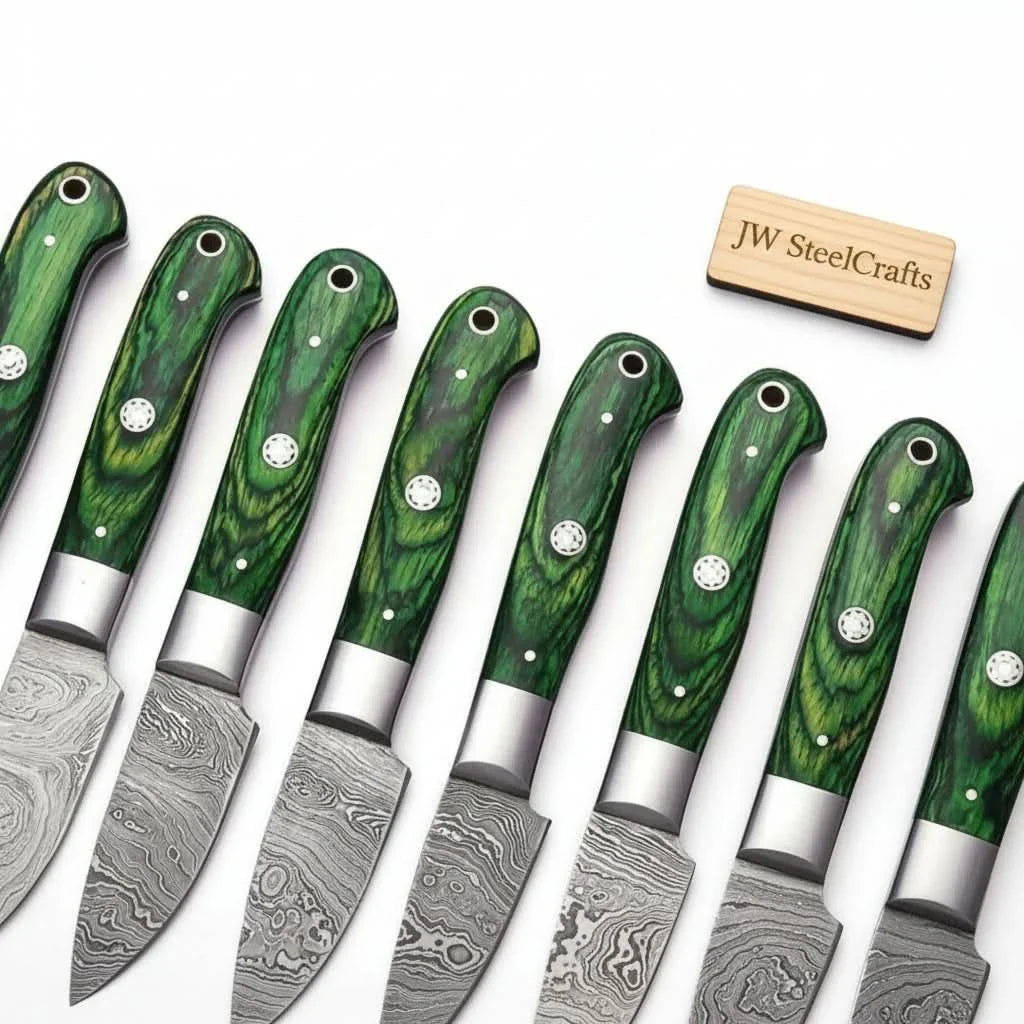 Damascus Steak Knife Set of 8 — Twisted Damascus Blades, Green Pakka Wood Handles