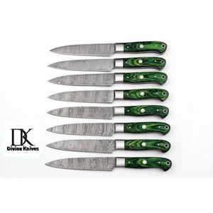 Damascus Steak Knife Set of 8 — Twisted Damascus Blades, Green Pakka Wood Handles