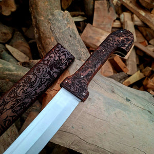 Bone Handle Damascus Knife with Handcrafted Tooled Sheath