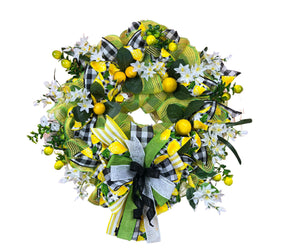 Lemon Summer Wreath | Yellow, Green & Gingham Door Decor handmade by Bouge Creations