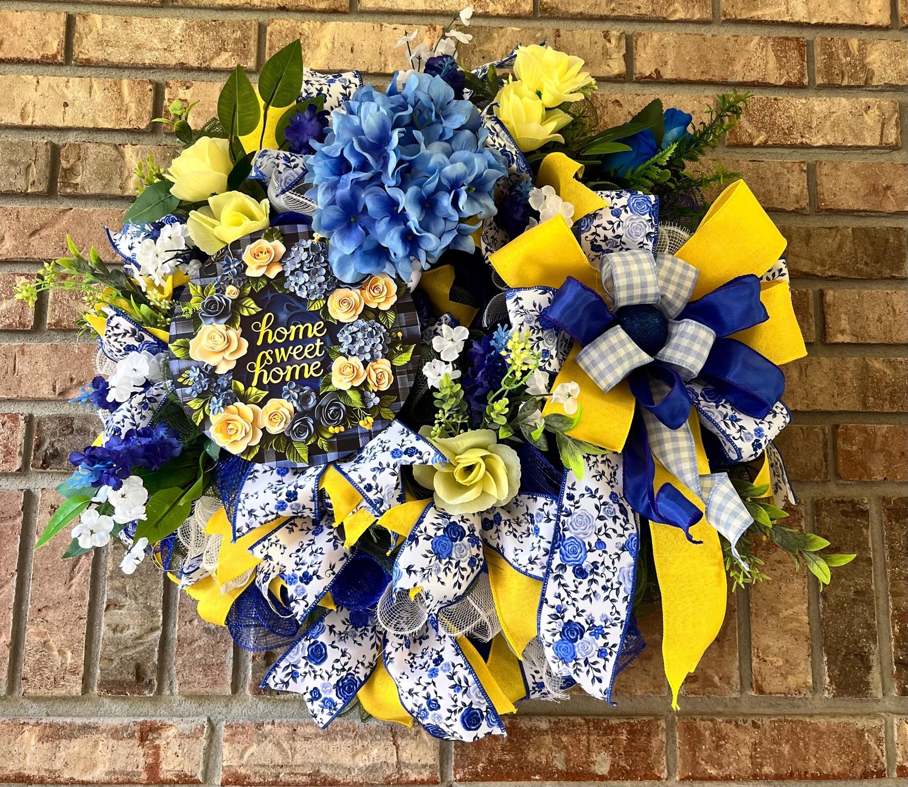 Blue & Yellow Welcome Wreath | Gingham Front Door Decor by Bouge Creations, view 3