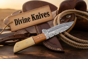 Bone and Wood Accent Damascus Knife Built for Field Dressing