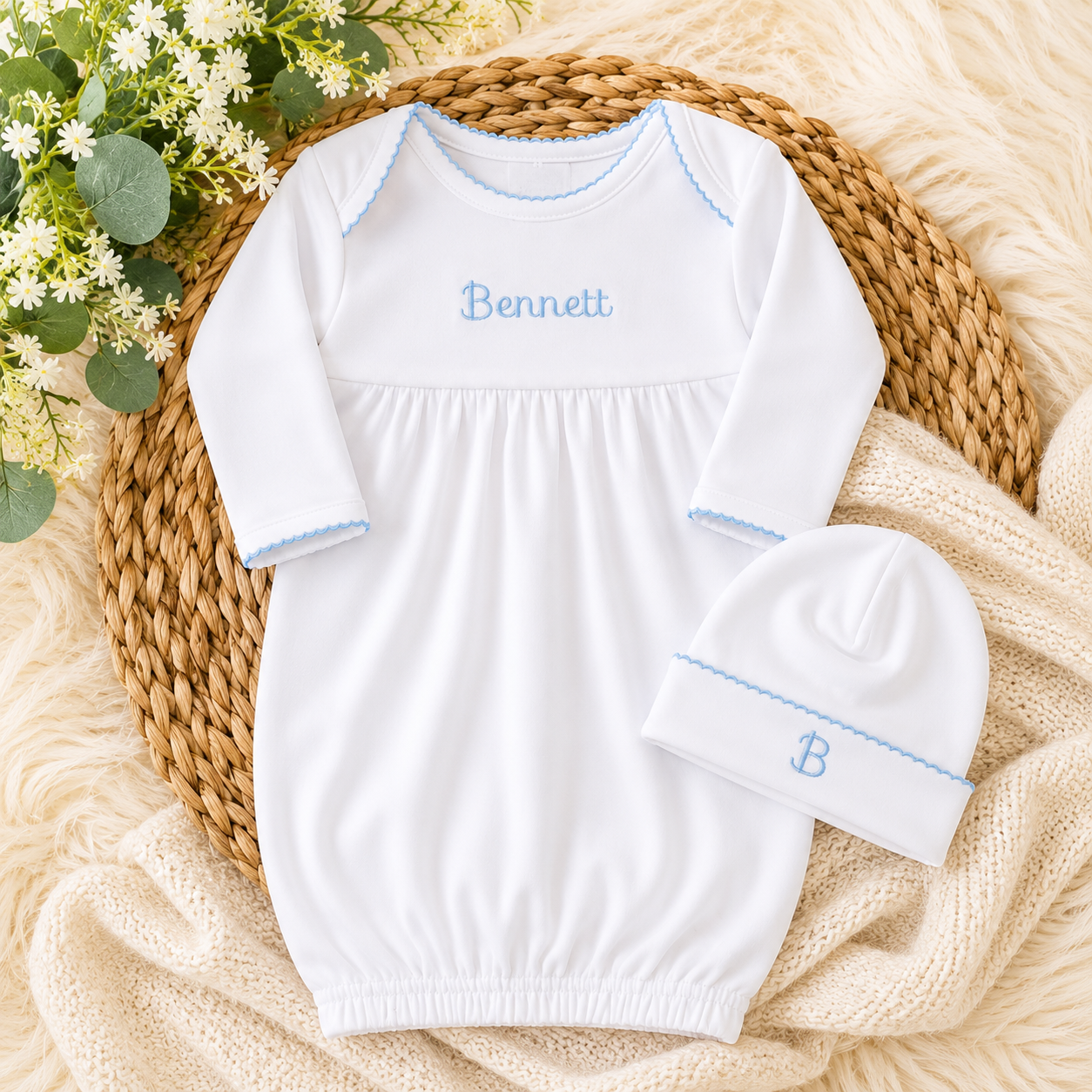 Personalized Newborn White Gown with Blue Picot Trim and Custom Embroidery