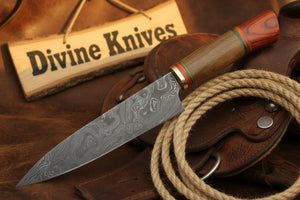 Red and Green Ring Accented Damascus Knife with Wood Tag