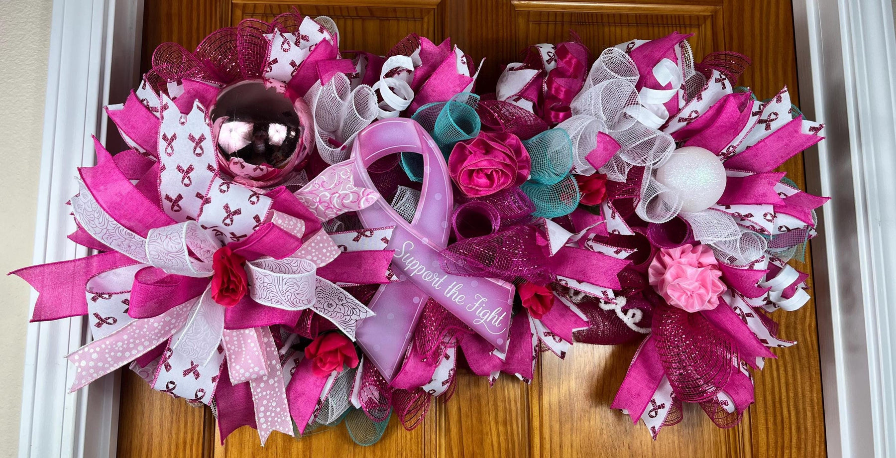 Breast Cancer Awareness Wreath | Pink Ribbon Door Decor by Bouge Creations, view 6