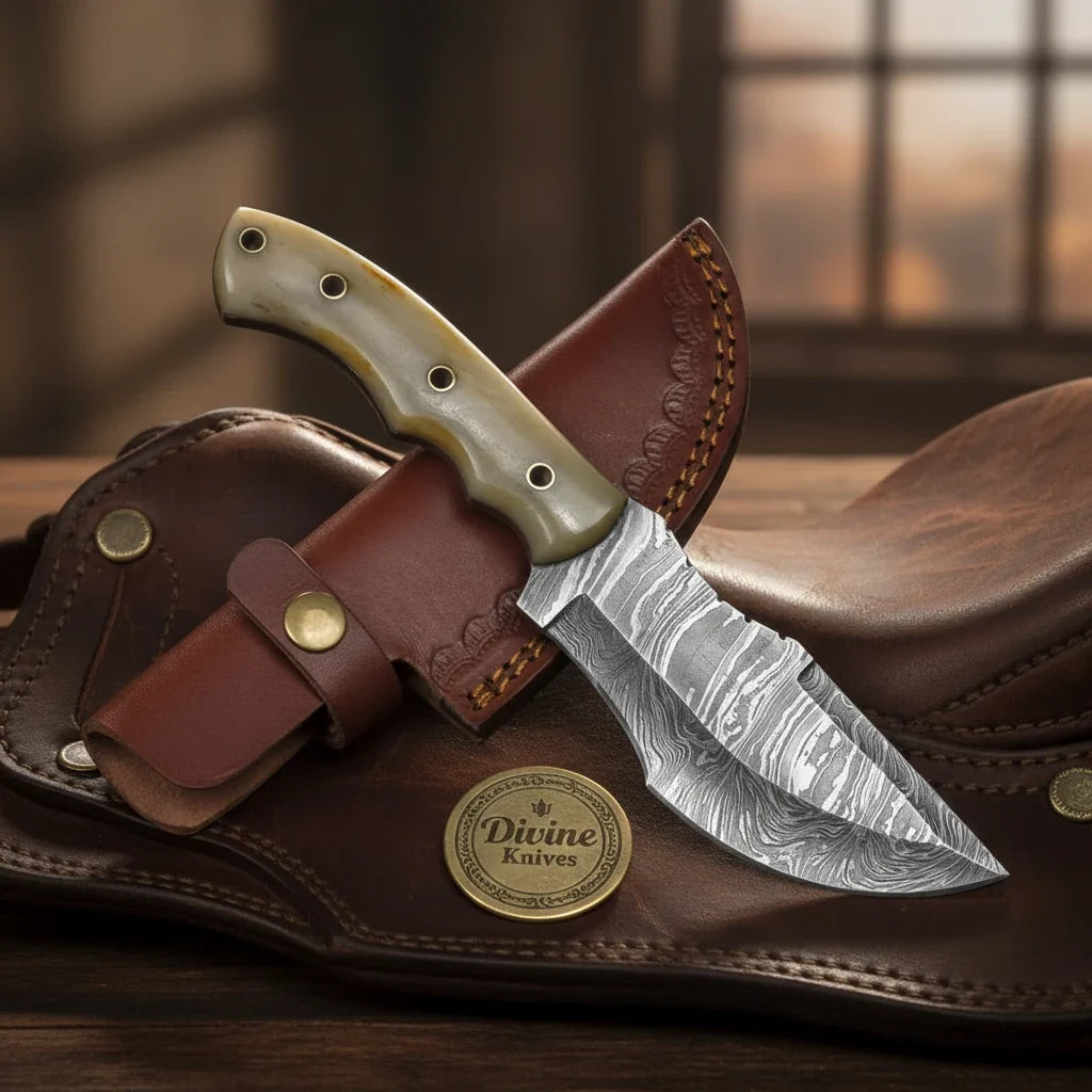 Khaki Bone Damascus Tracker Knife by Divine Knives