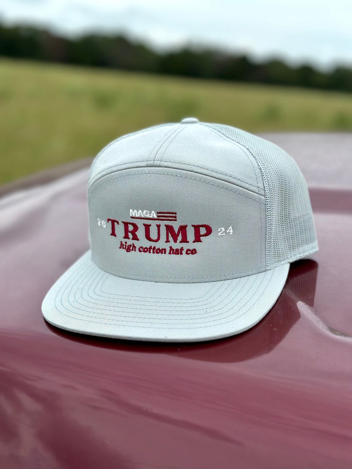 Detail view of MAGA Trump 7-Panel Hat by High Cotton Hat Co