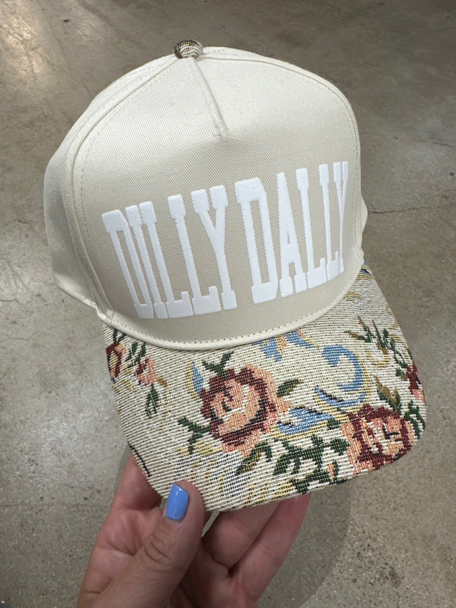 Dilly Dally Tan/Light Vintage Floral Canvas Trucker Hat