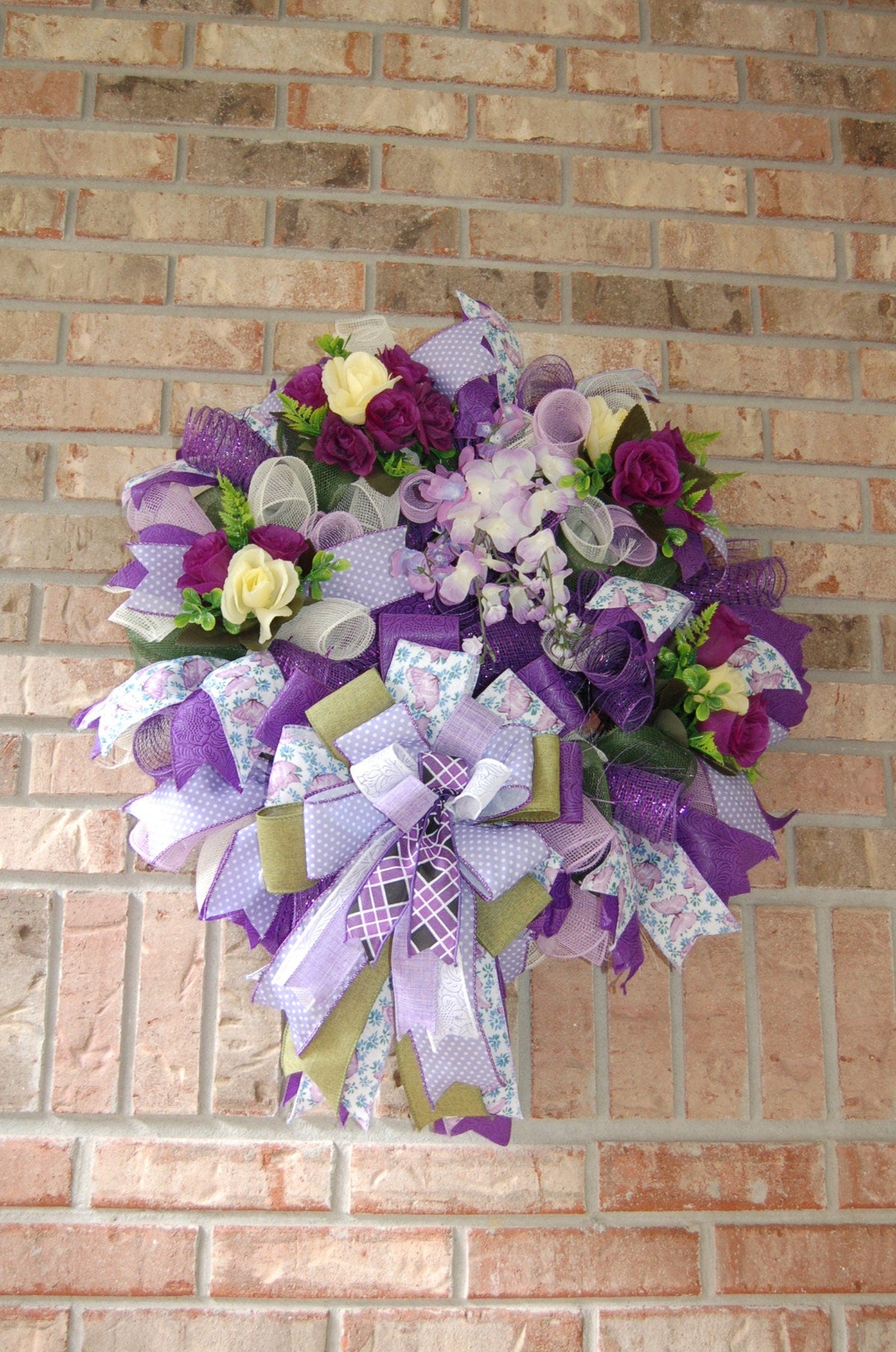 Purple Floral Wreath | Silk Flower Front Door Decor by Bouge Creations, view 6