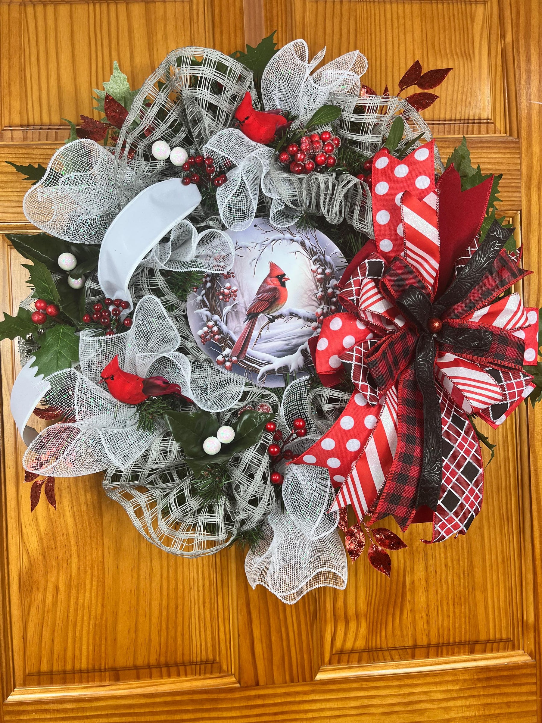 Cardinal Christmas Wreath | Red Plaid Winter Door Decor by Bouge Creations, view 7