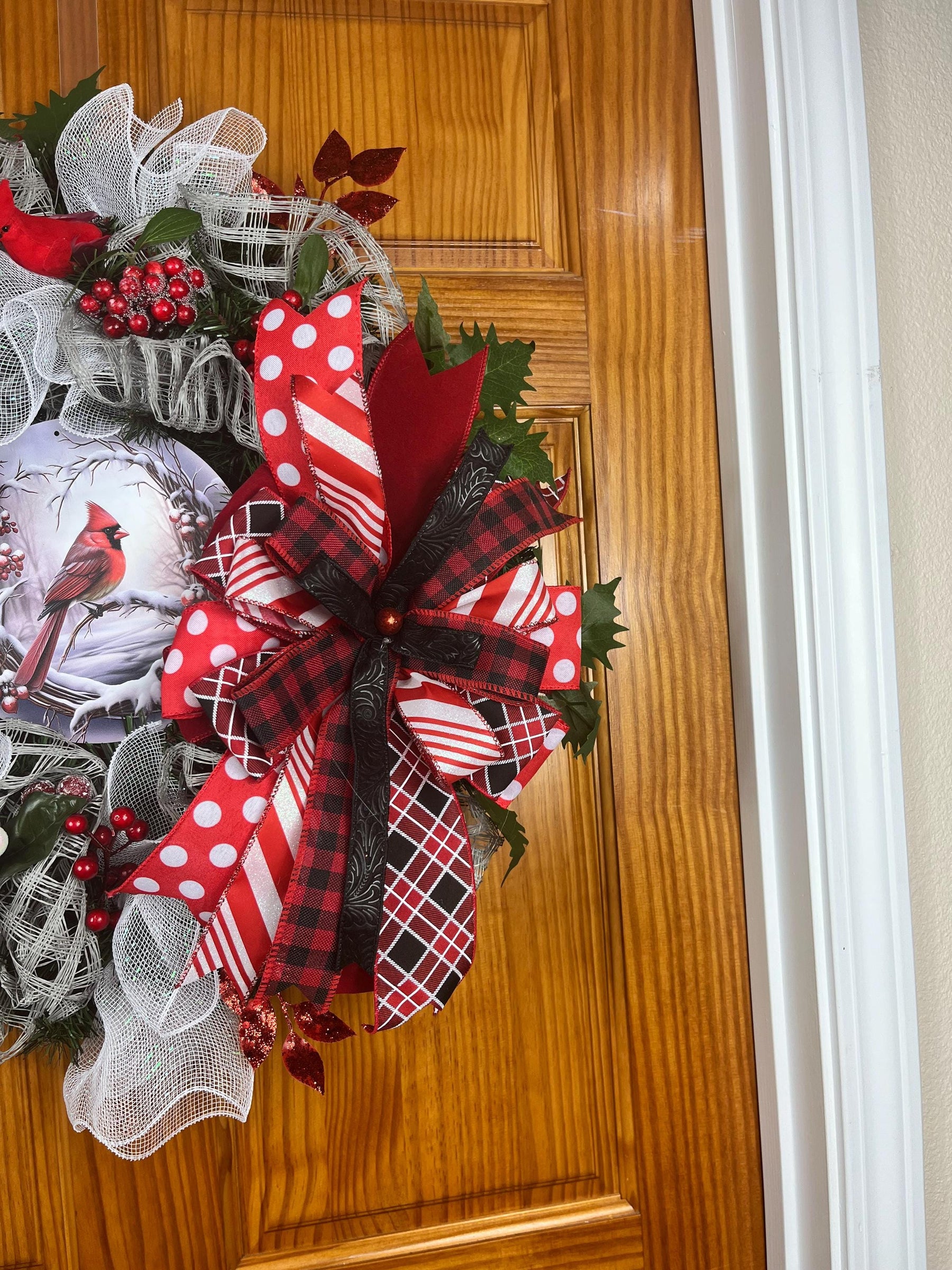 Cardinal Christmas Wreath | Red Plaid Winter Door Decor by Bouge Creations, view 6