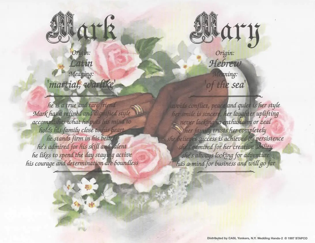 Personalized "Mark & Mary" Names Print: Origins, Meanings, Wedding Gift.