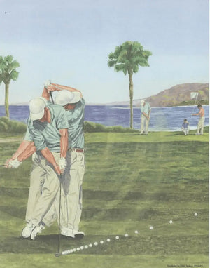 Golf Swing Illustration: Golfer in Motion on Coastal Course with Palm Trees