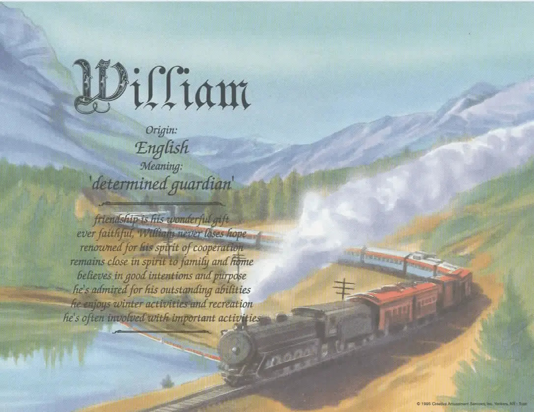 Personalized Name Art: William - Meaning, Origin, Traits. Train & Mountain Theme.