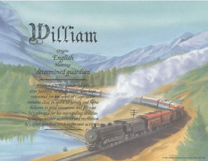 Personalized Name Art: William - Meaning, Origin, Traits. Train & Mountain Theme.