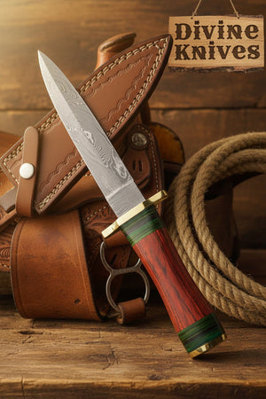Minimalist Dark Wood Damascus Knife with a Single Green Ring Detail