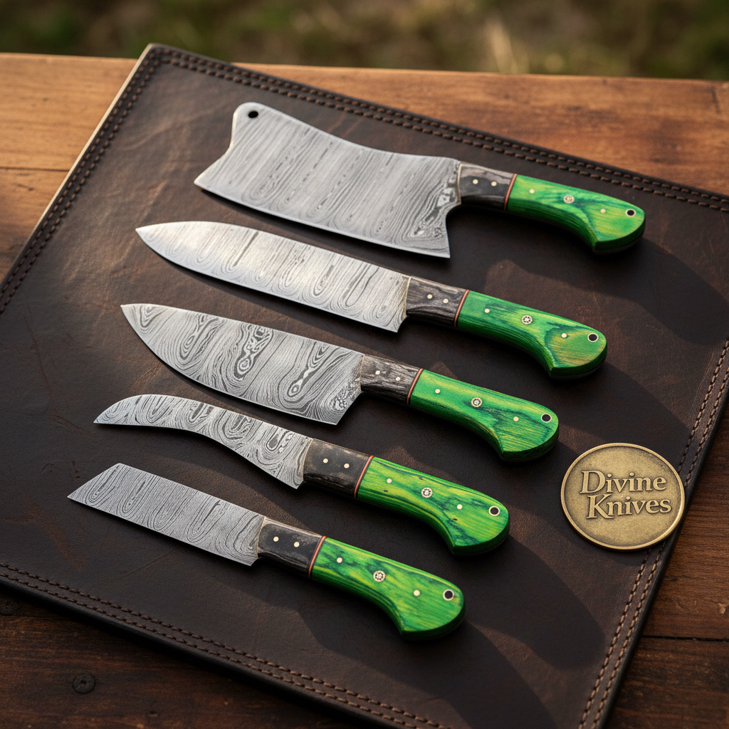 Green Handle Cleaver Knife Set of 5 with Forged Blades and Rosewood Bolsters by Divine Knives
