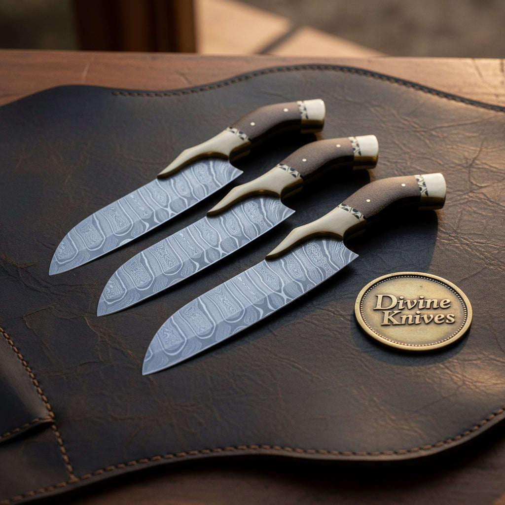 Wingcrest Bone Wing Guard Damascus Santoku Knife Set by Divine Knives