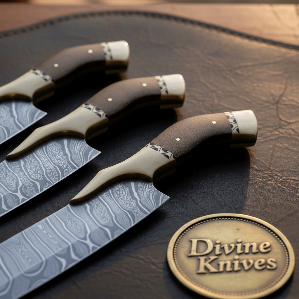 Wingcrest Bone Wing Guard Damascus Santoku Knife Set by Divine Knives — detail view 2