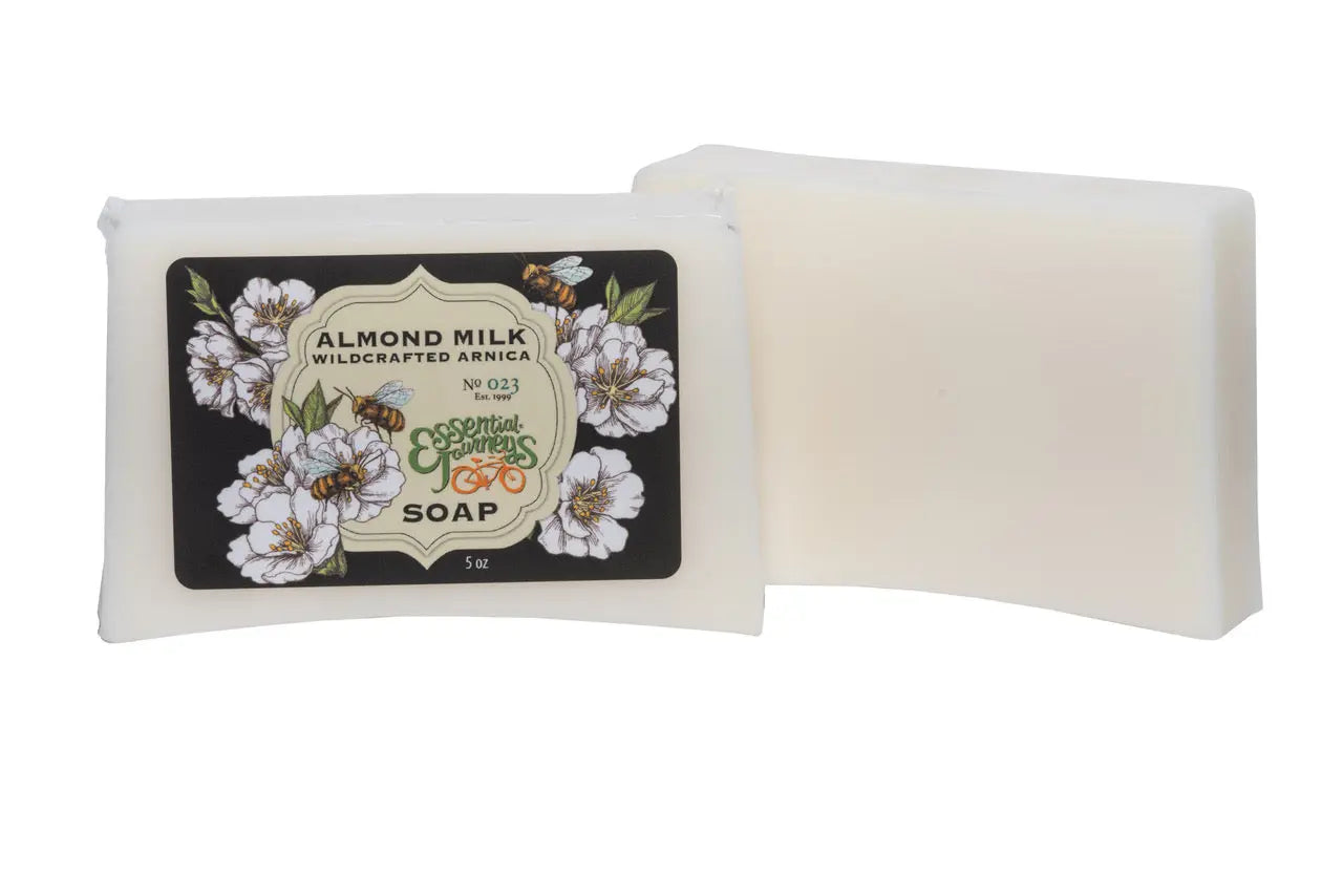 Almond Milk Soap 5 oz bar with bees and flowers on the label.